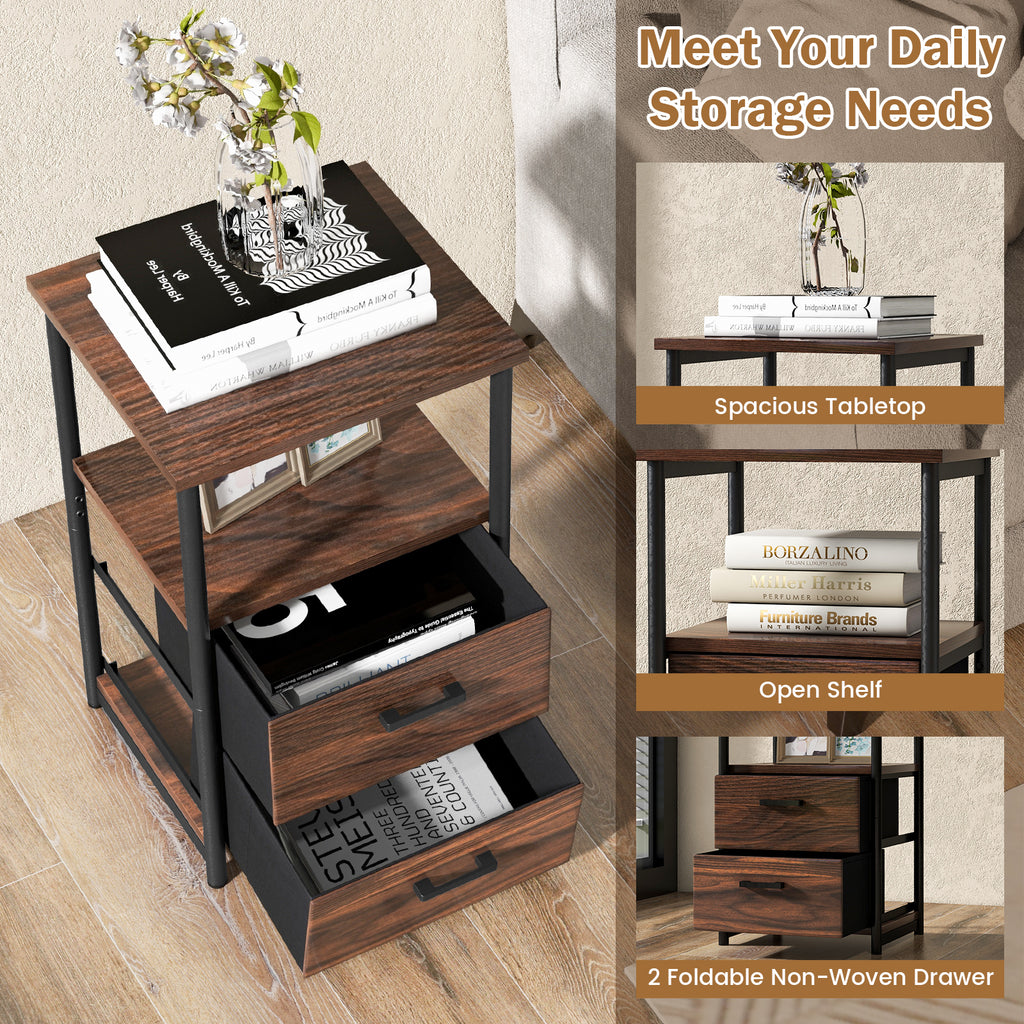 3-Tier Retro Nightstand with Fabric Drawers, Walnut