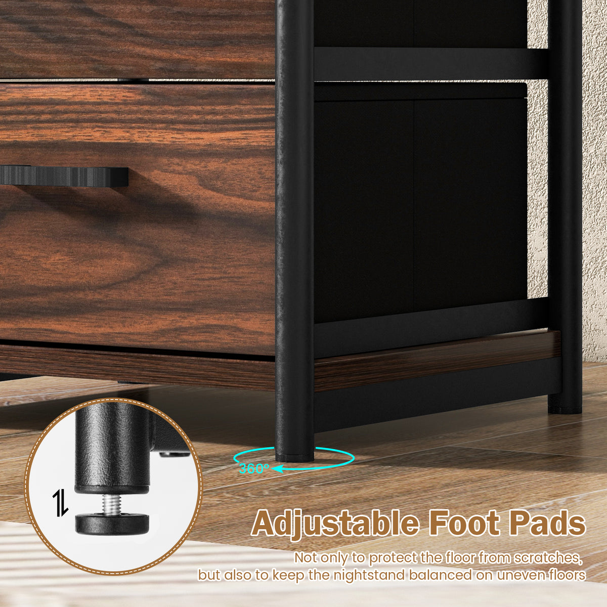 3-Tier Retro Nightstand with Fabric Drawers, Walnut