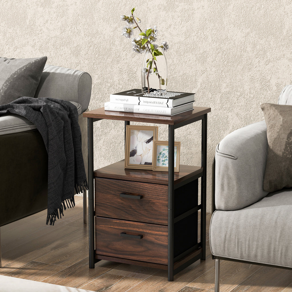 3-Tier Retro Nightstand with Fabric Drawers, Walnut