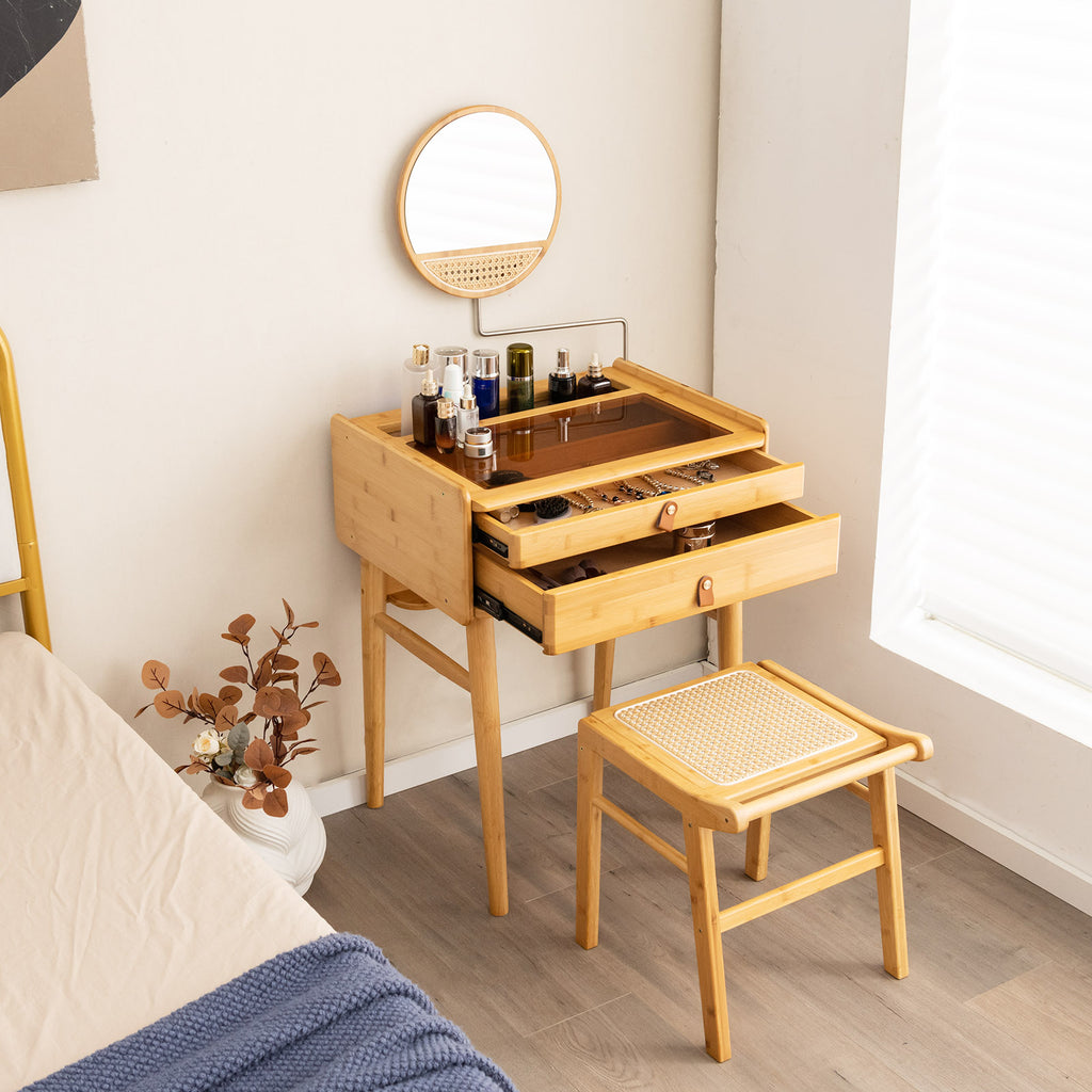 Bamboo Vanity Stool with Rattan Top – Natural
