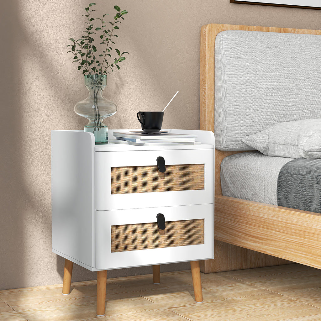Modern End Table Bedside Table with 2 Rattan Drawers, White