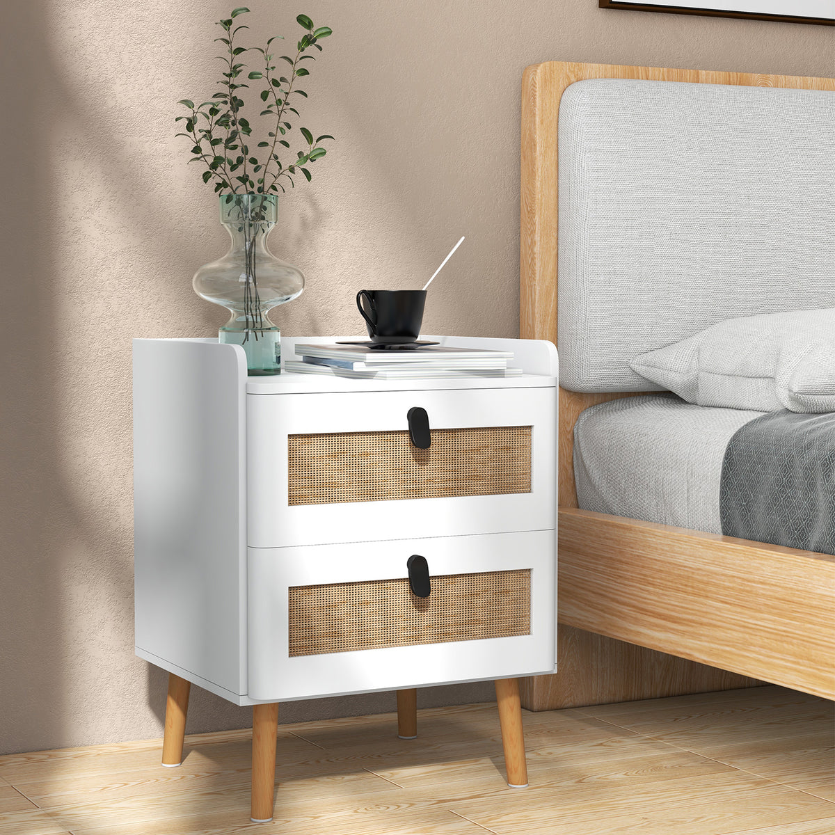 Modern End Table Bedside Table with 2 Rattan Drawers, White