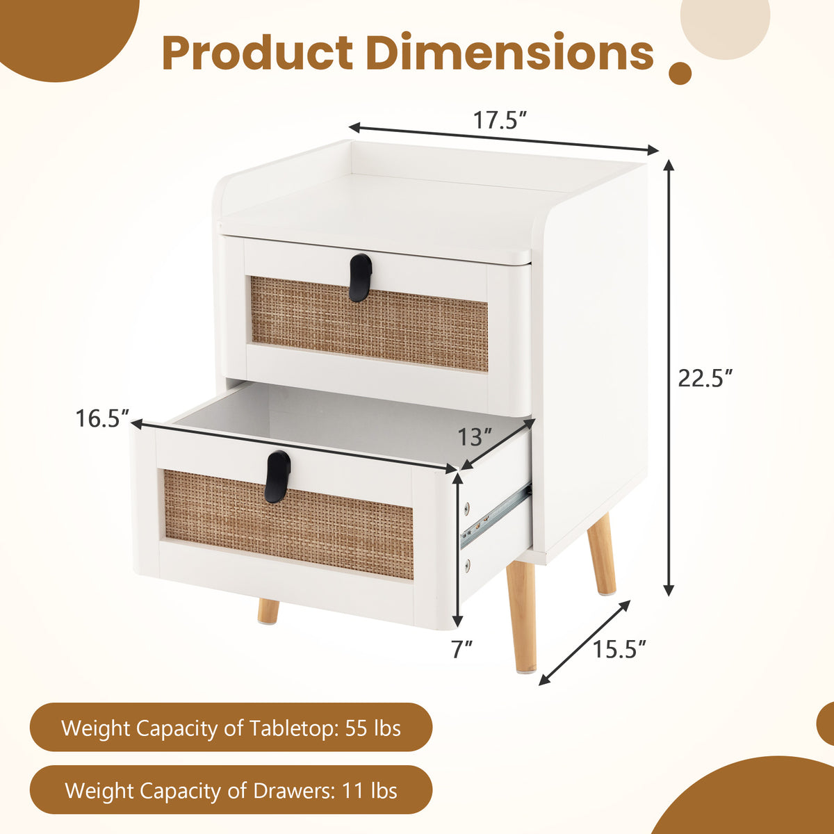 Modern End Table Bedside Table with 2 Rattan Drawers, White