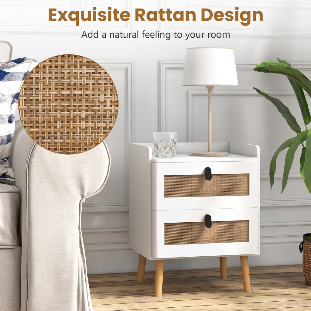 Modern End Table Bedside Table with 2 Rattan Drawers, White