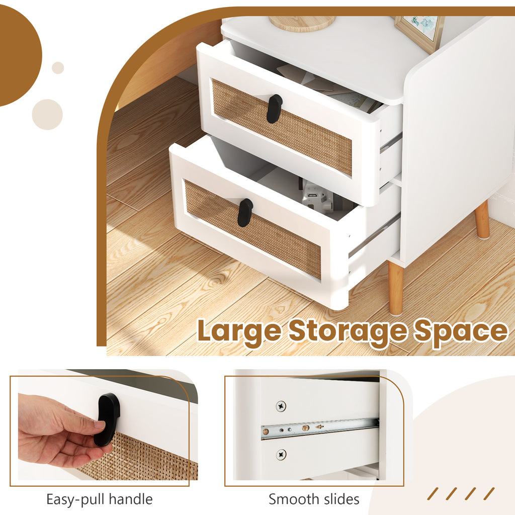 Modern End Table with Rattan Drawers, White