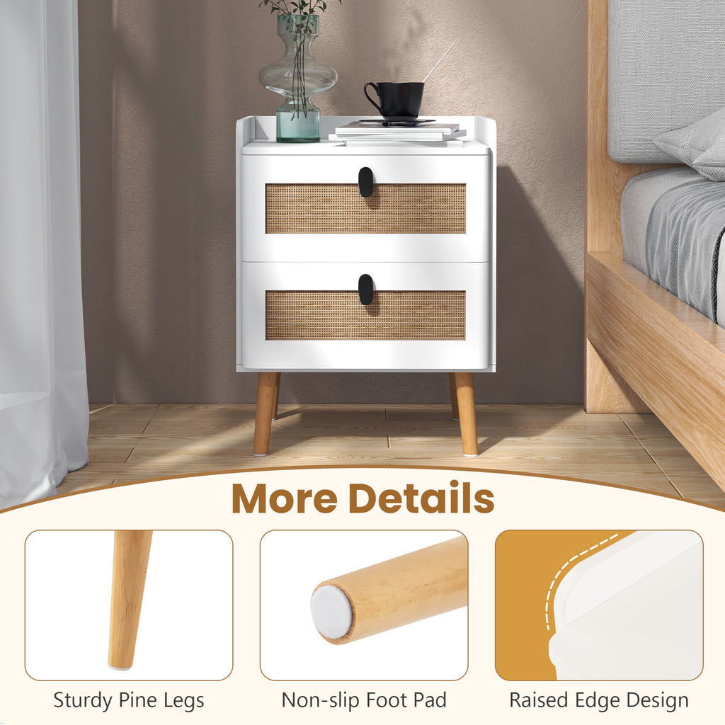 Modern End Table Bedside Table with 2 Rattan Drawers, White