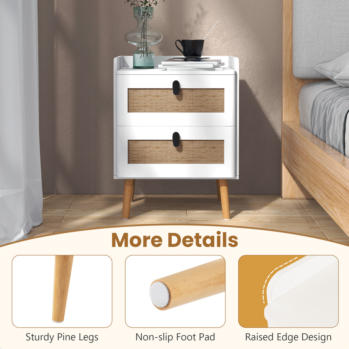 Modern End Table Bedside Table with 2 Rattan Drawers, White