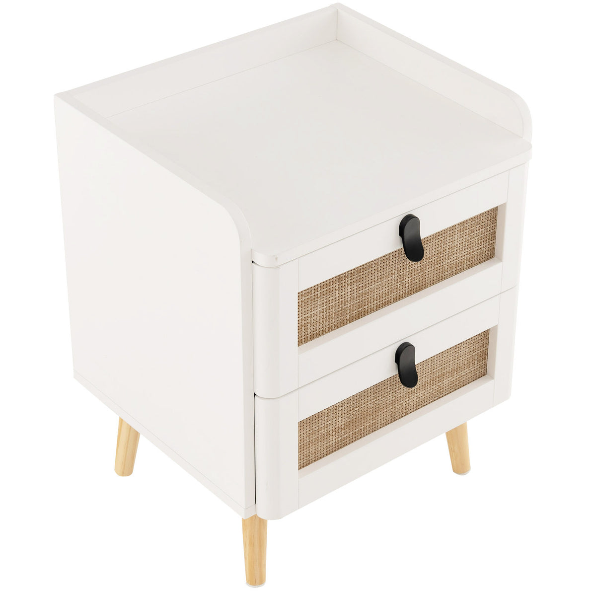 Modern End Table Bedside Table with 2 Rattan Drawers, White