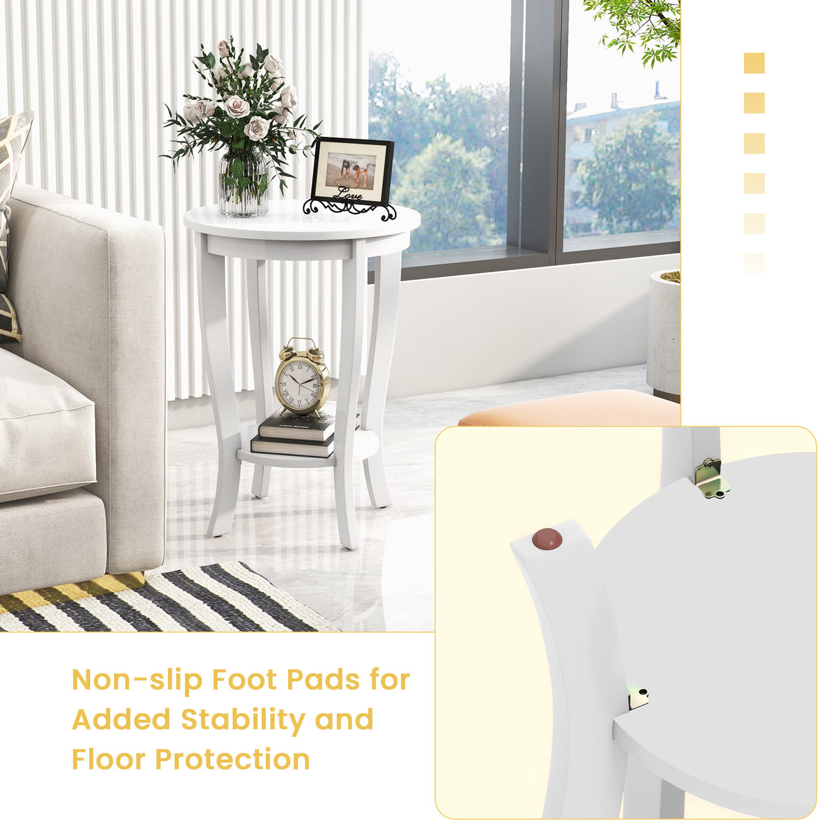 2-Tier Round End Table with Wood Legs, White