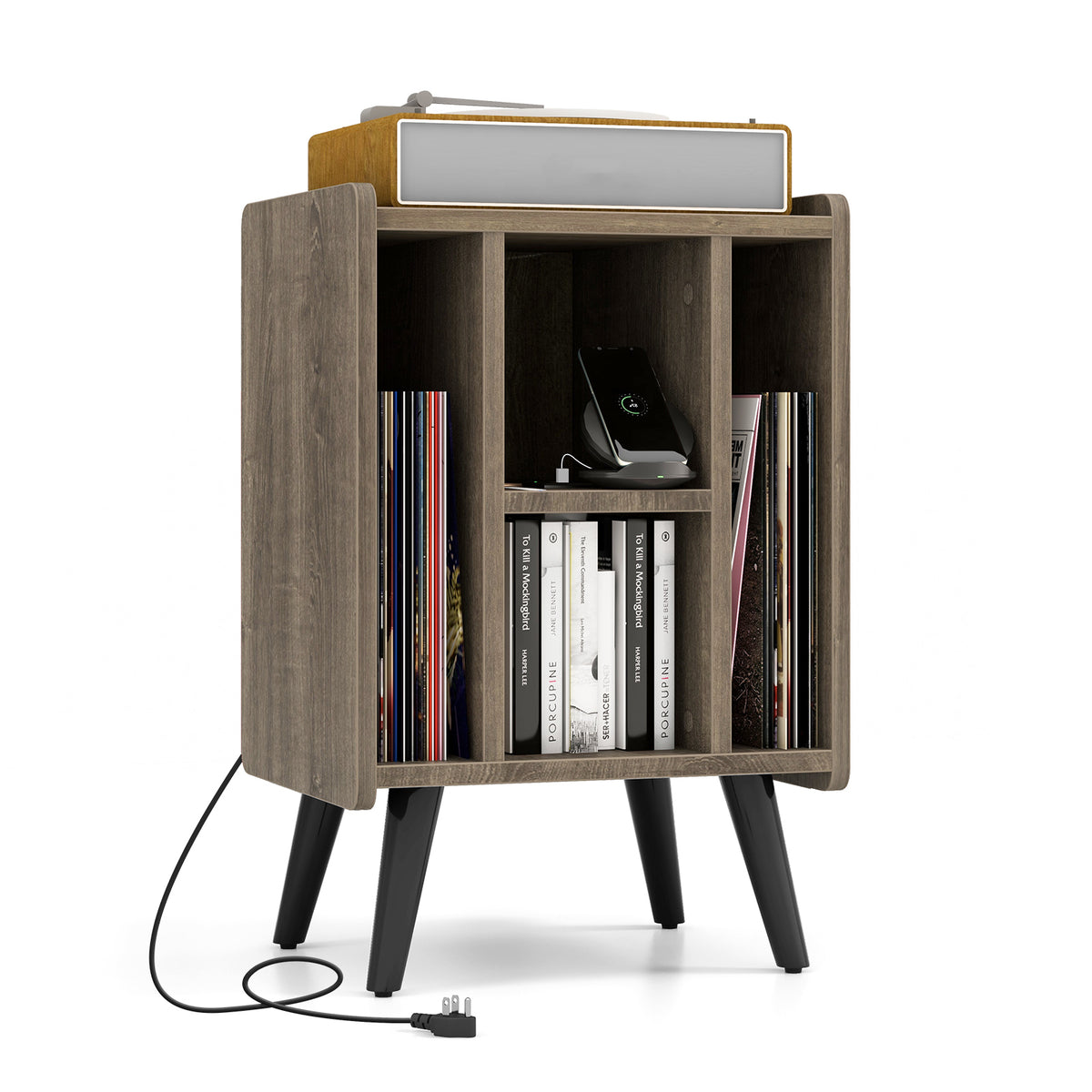 Record Player Stand with Power Outlet, Rustic Brown - Vinyl Storage