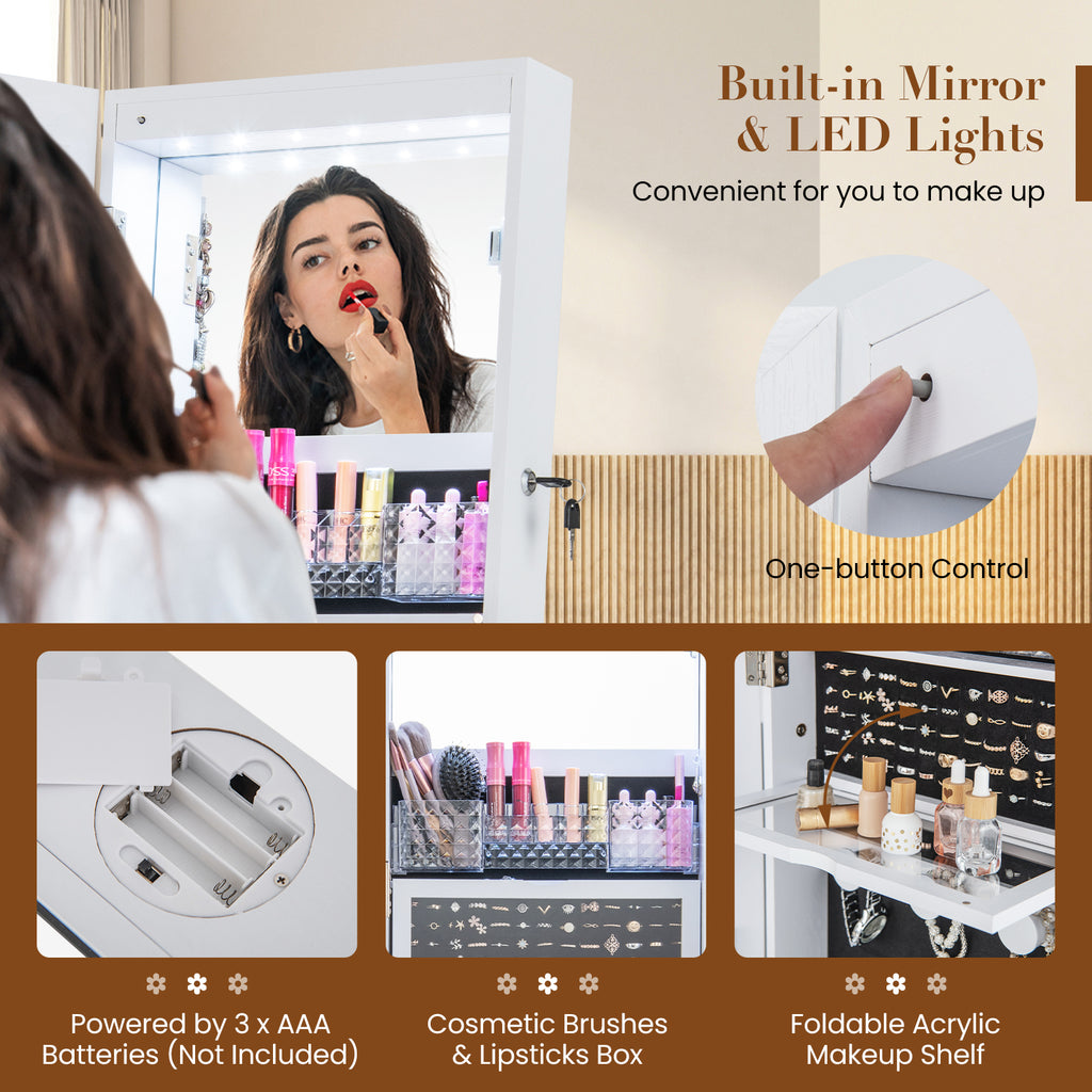 Lockable 360° Swivel Jewelry Cabinet with Full-Length Mirror, LED Lights - White