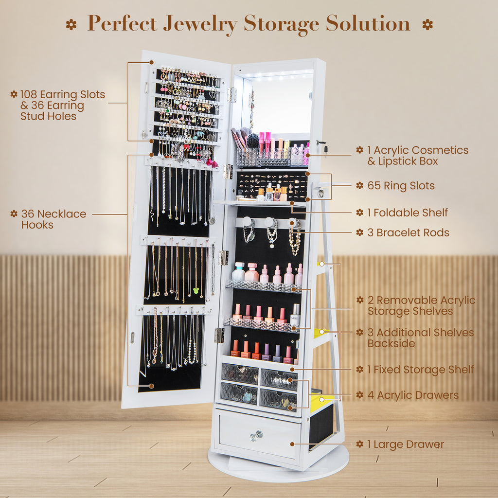 Lockable 360° Swivel Jewelry Cabinet with Full-Length Mirror, LED Lights - White