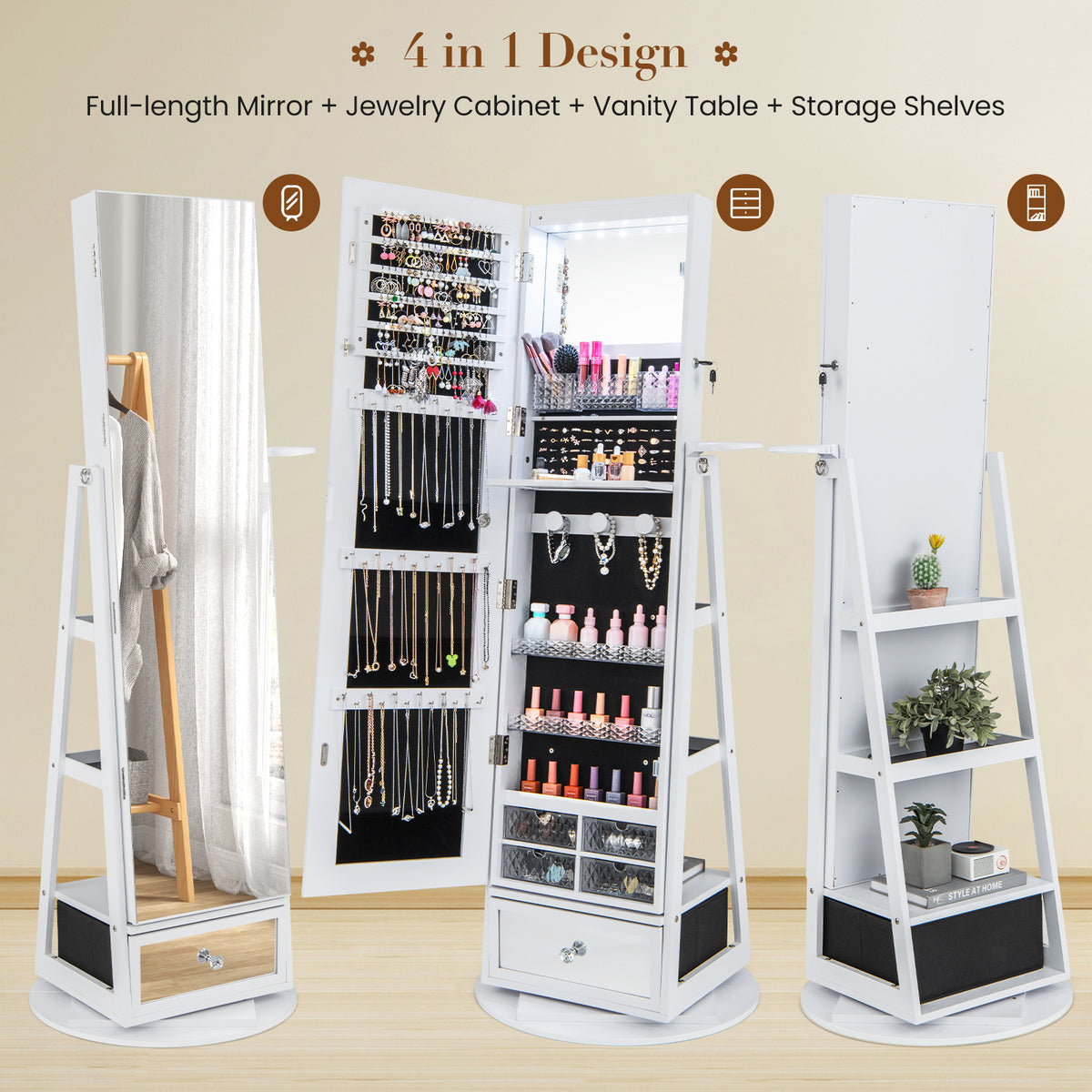 Lockable 360° Swivel Jewelry Cabinet with Full-Length Mirror, LED Lights - White