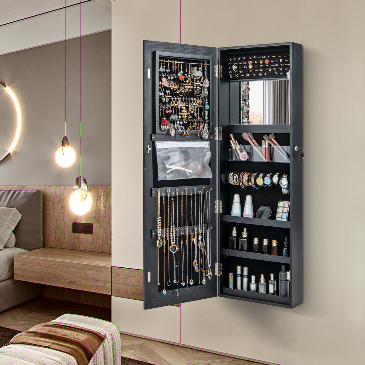Mirrored Jewelry Armoire with LED Lights - Style 2, Black