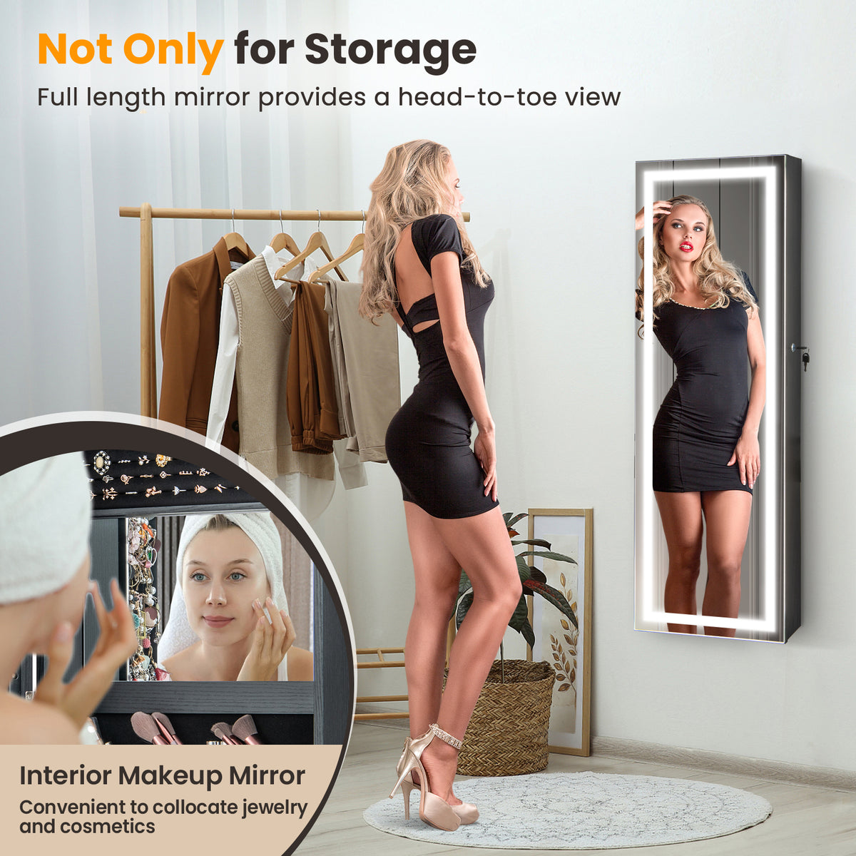 Mirrored Jewelry Armoire with Full Length Mirror and LED Lights – Style 2, Black