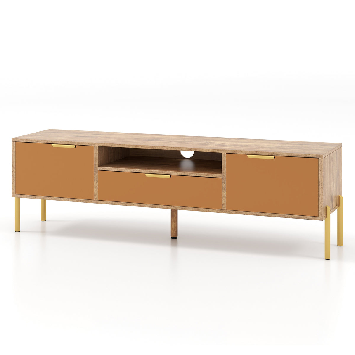 Mirrored TV Stand for 65 Inch TV with Storage Cabinets - Natural
