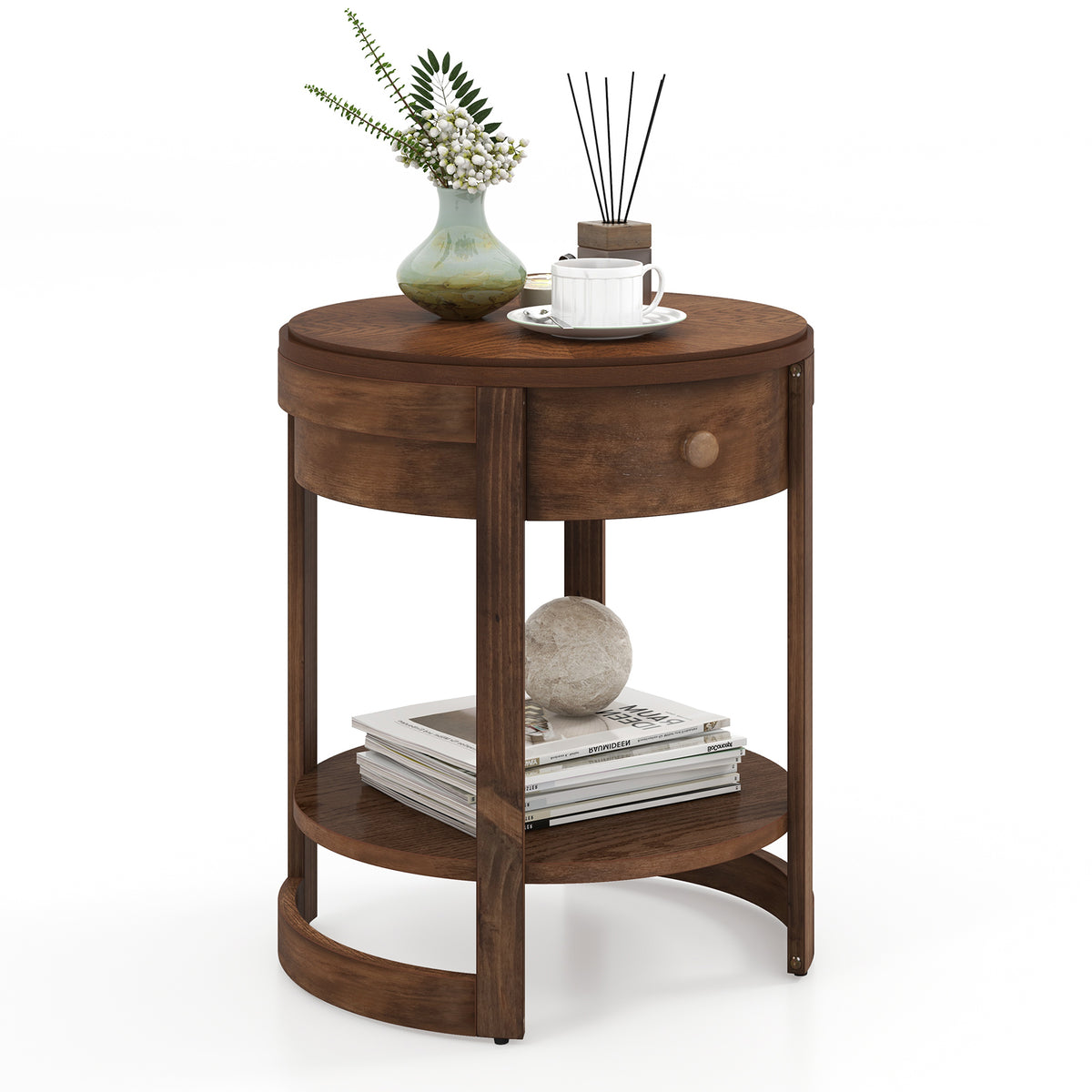 2-Tier Round End Table Mid Century Modern Nightstand - Brown
