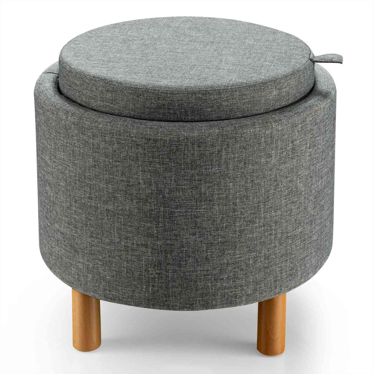 Round Fabric Storage Ottoman with Tray, Gray