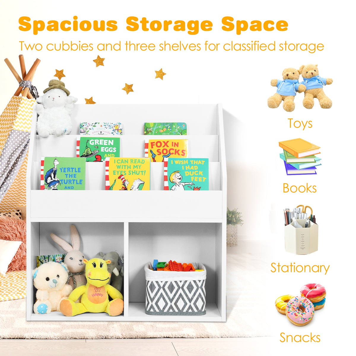 Kids Wooden Bookcase Toy Storage Cabinet - White, 3-Tier Organizer for Children