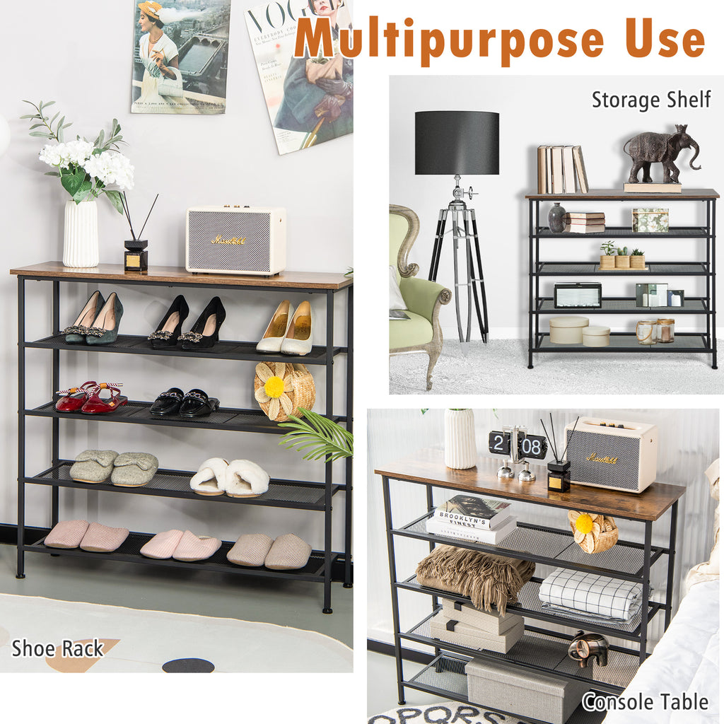 Industrial Adjustable 5-Tier Metal Shoe Rack with 4 Shelves for 16-20