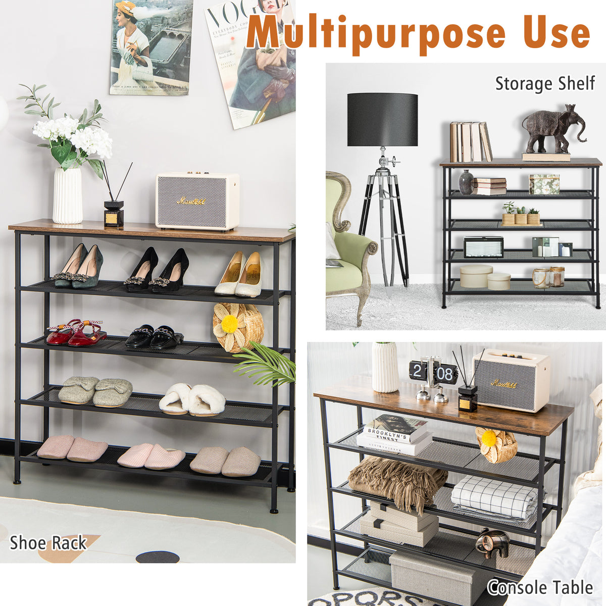 Industrial Adjustable 5-Tier Metal Shoe Rack with 4 Shelves for 16-20
