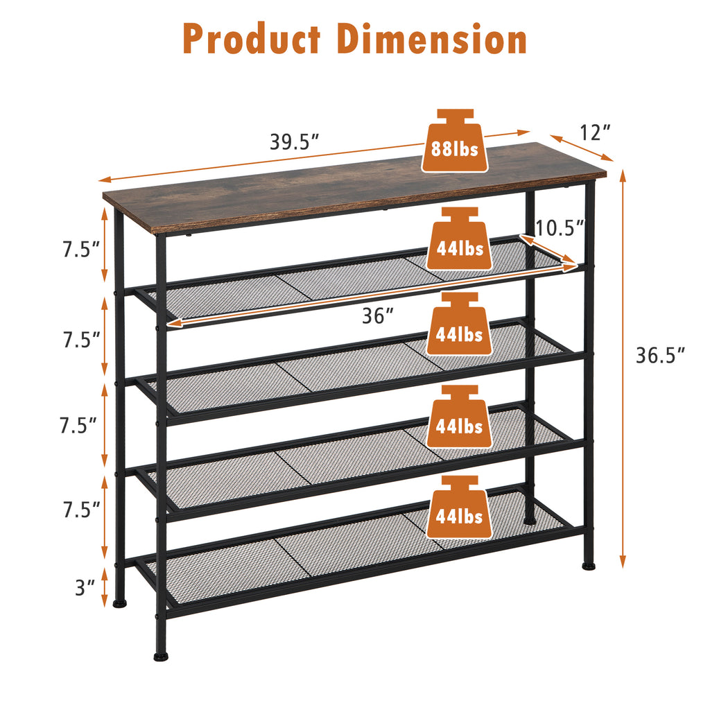 Industrial Adjustable 5-Tier Metal Shoe Rack with 4 Shelves for 16-20