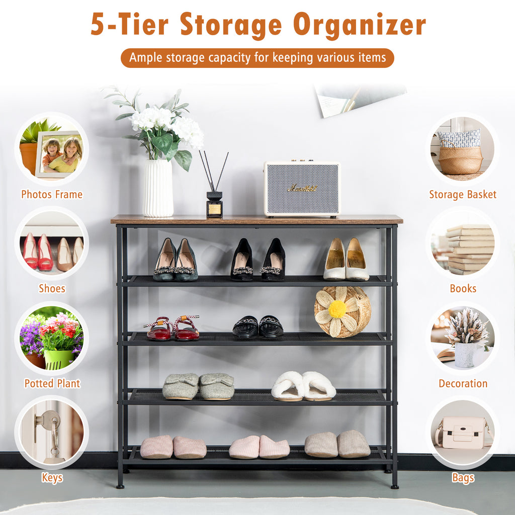 Industrial Adjustable 5-Tier Metal Shoe Rack with 4 Shelves for 16-20
