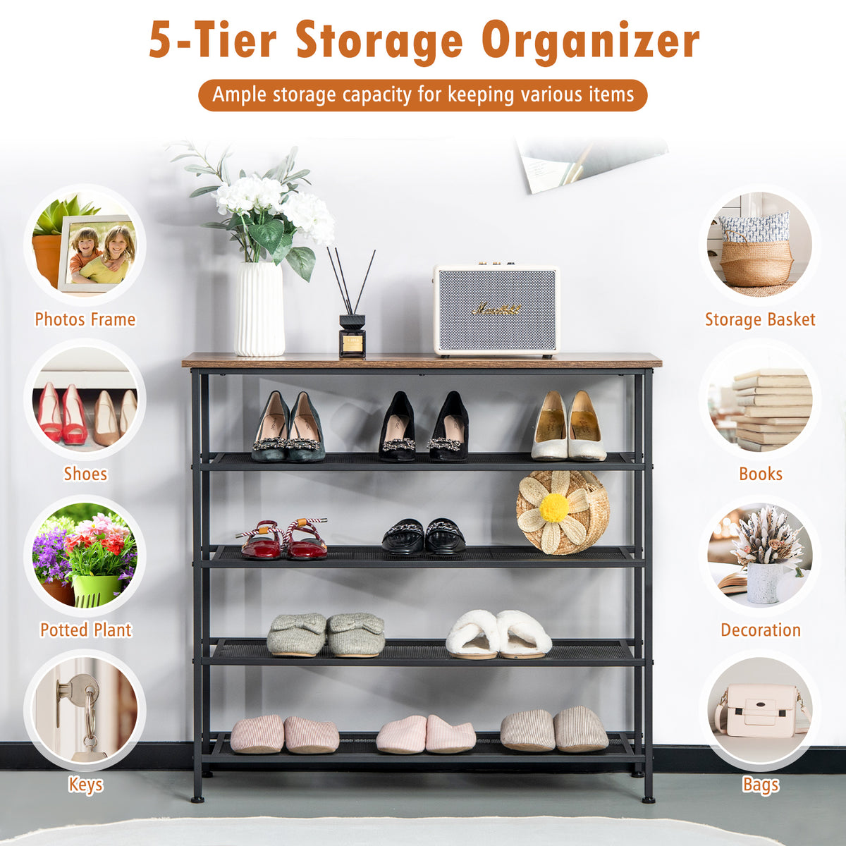 Industrial Adjustable 5-Tier Metal Shoe Rack with 4 Shelves for 16-20