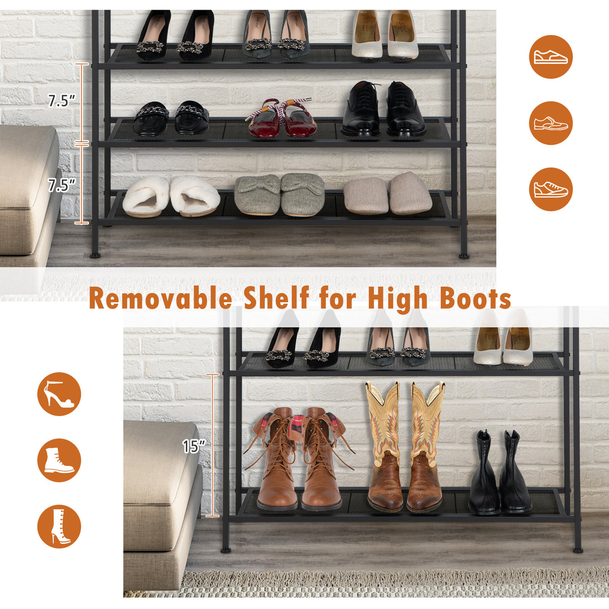 Industrial Adjustable 5-Tier Metal Shoe Rack with 4 Shelves for 16-20