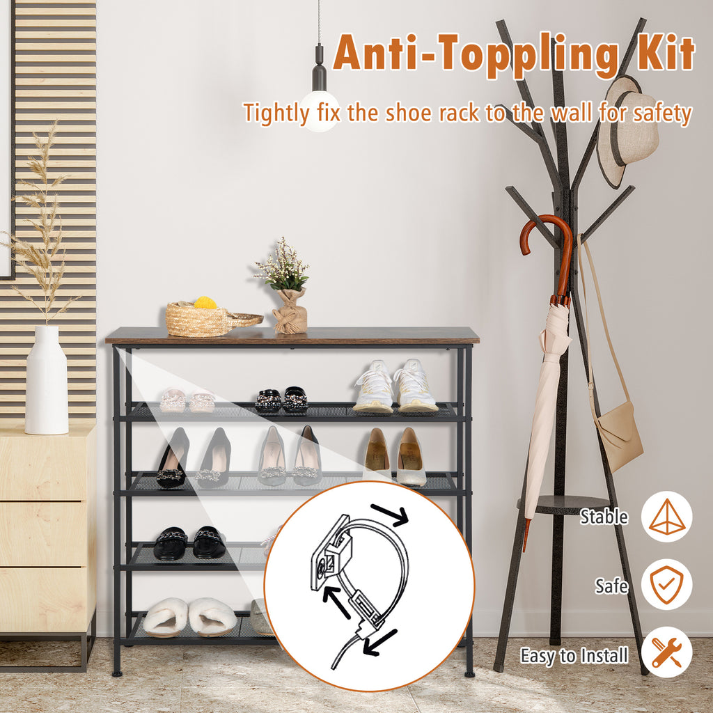 Industrial Adjustable 5-Tier Metal Shoe Rack with 4 Shelves for 16-20