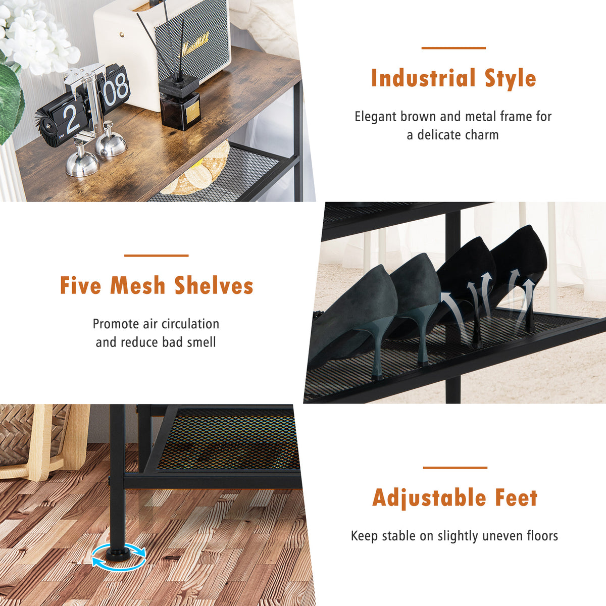 Industrial Adjustable 5-Tier Metal Shoe Rack with 4 Shelves for 16-20