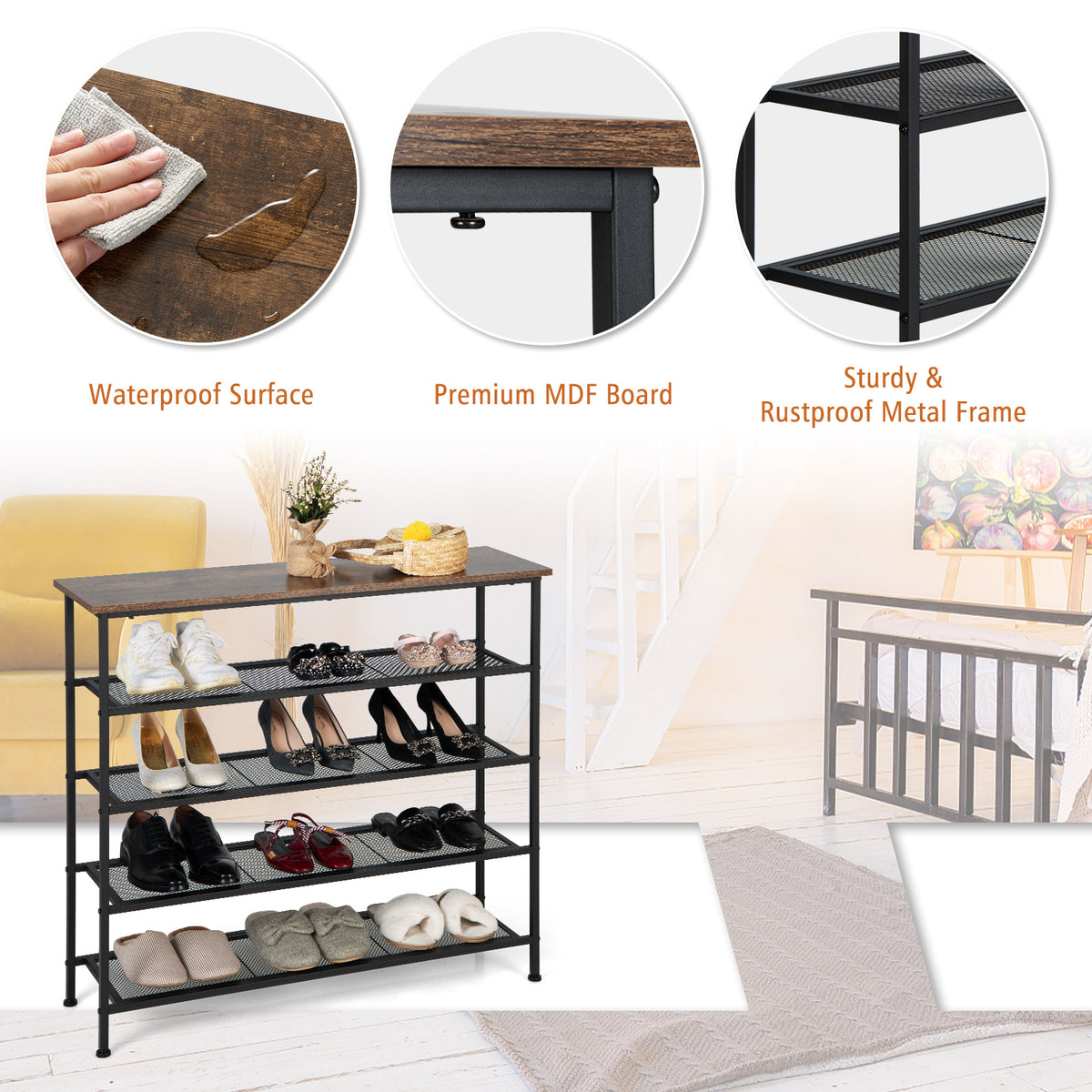 Industrial Adjustable 5-Tier Metal Shoe Rack with 4 Shelves for 16-20