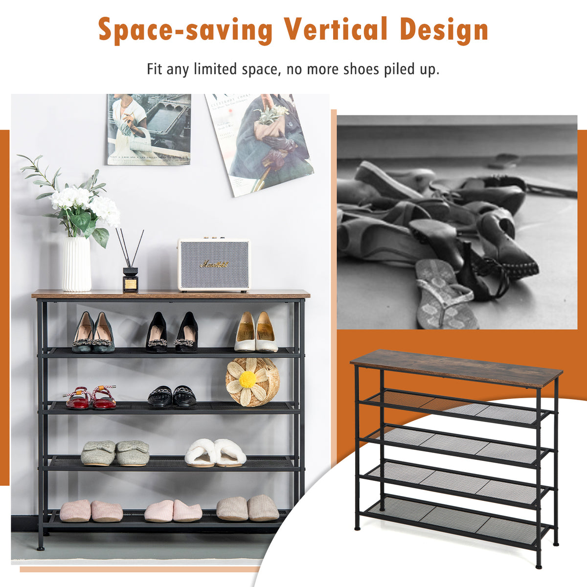 Industrial Adjustable 5-Tier Metal Shoe Rack with 4 Shelves for 16-20
