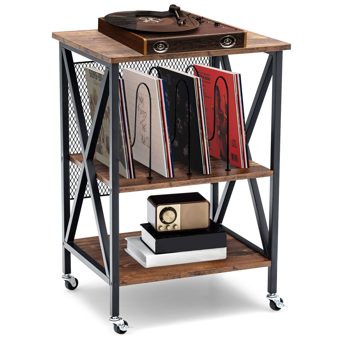Vintage Rolling End Table with 3 Dividers for Albums - Brown
