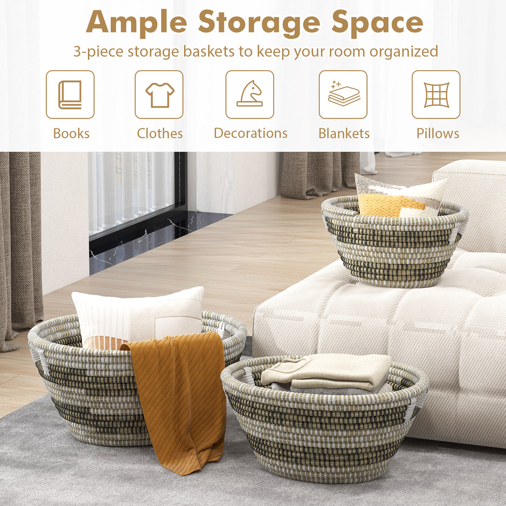Natural Canes Grass Storage Baskets Set of 3 Stackable