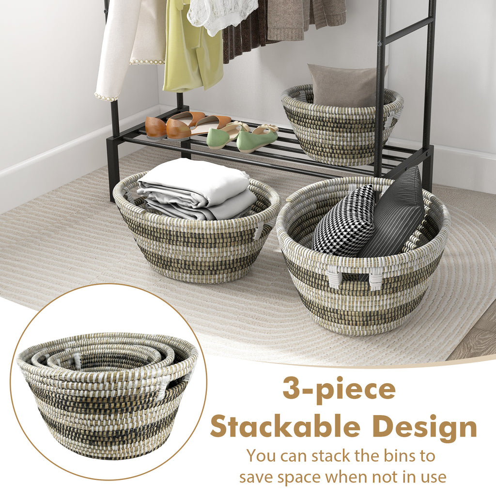 Natural Canes Grass Storage Baskets Set of 3 Stackable