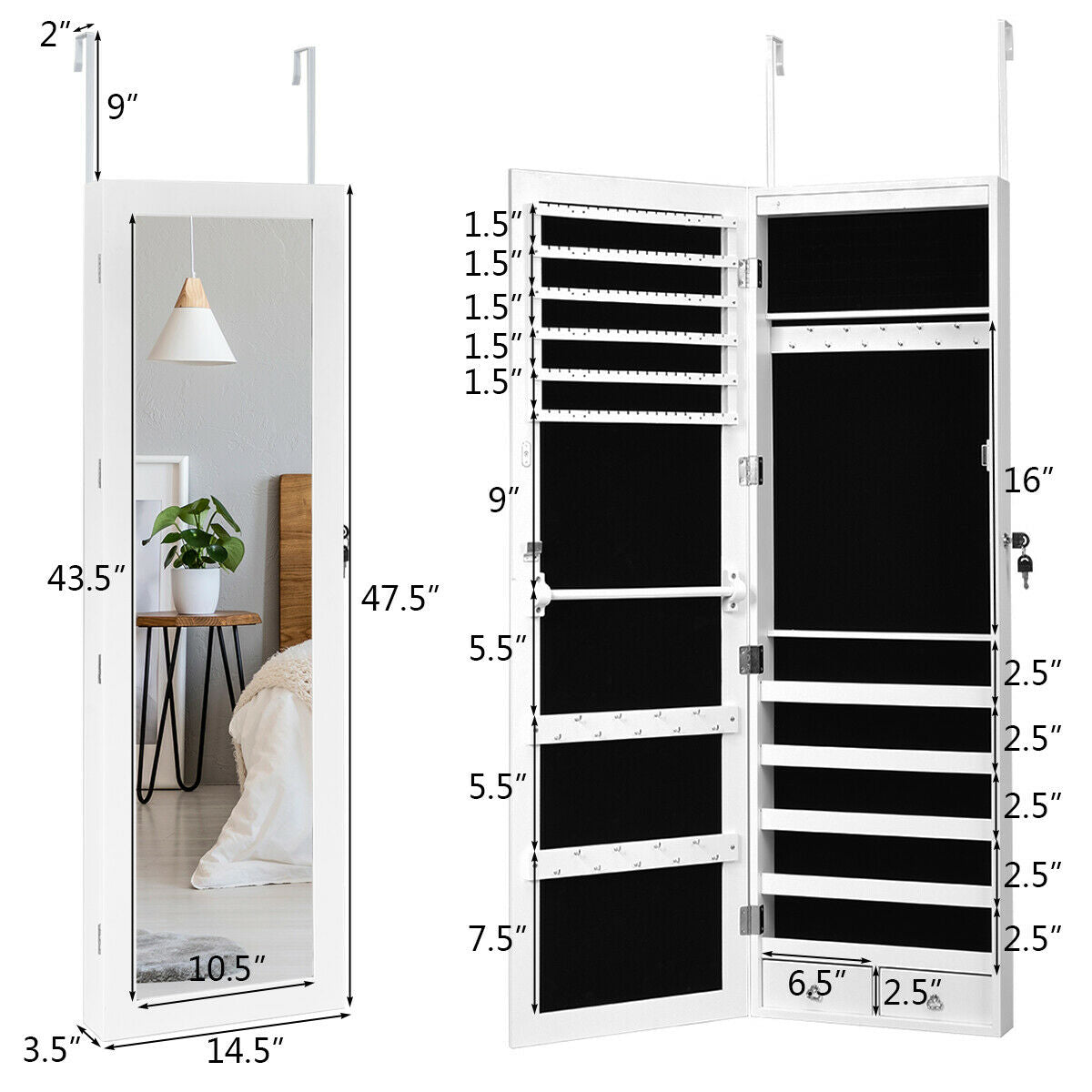 Wall-Mounted Lockable Jewelry Cabinet with LED Mirror