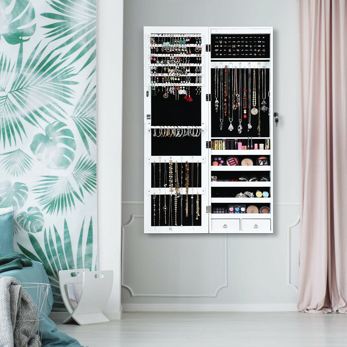 Wall-Mounted Lockable Jewelry Cabinet with LED Mirror