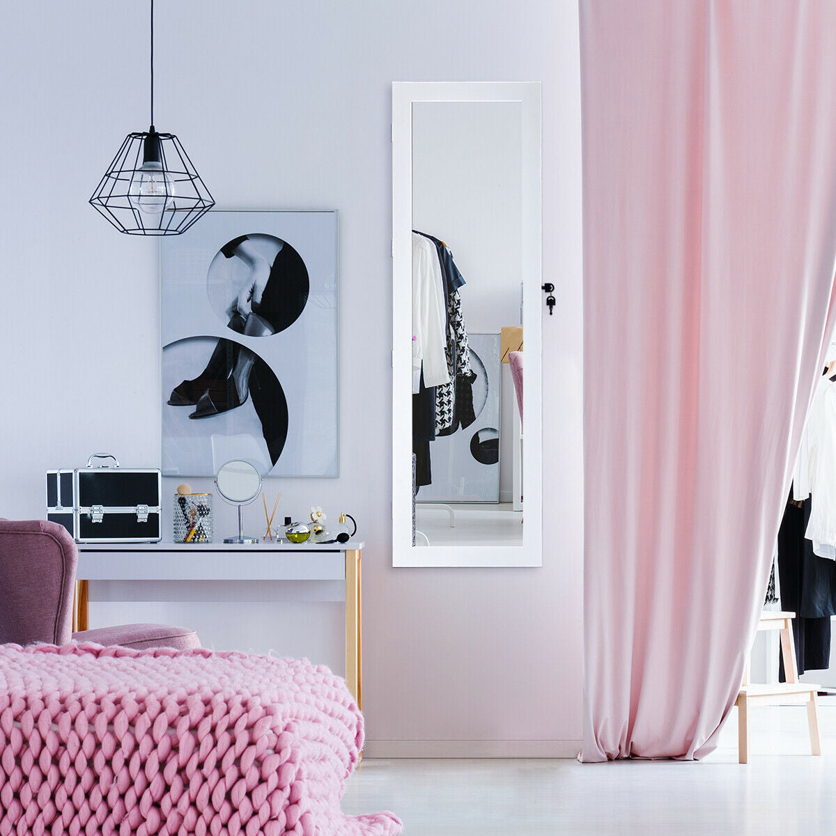 Wall-Mounted Lockable Jewelry Cabinet with LED Mirror