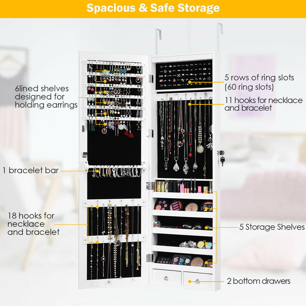 Wall-Mounted Lockable Jewelry Cabinet with LED Mirror