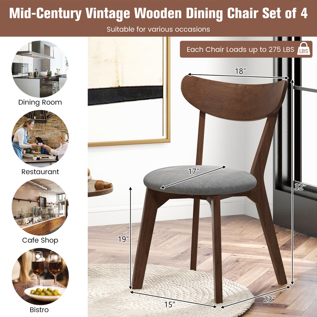 Set of 2 Upholstered Dining Chairs, Curved Back