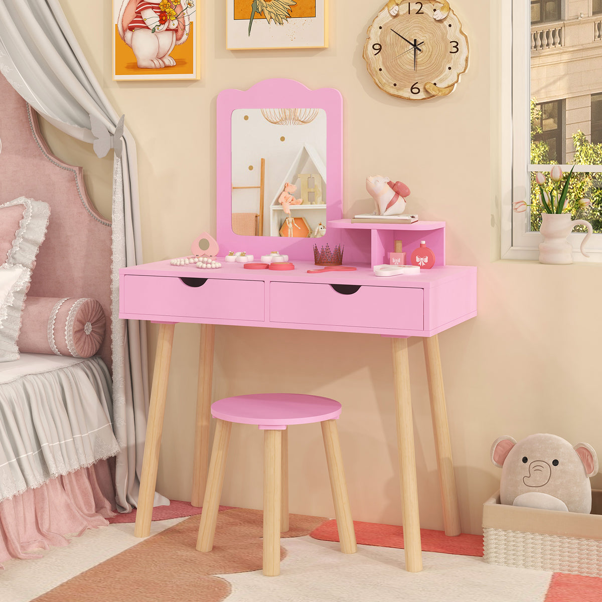Kids Vanity Table and Chair Set with Mirror & 2 Storage Drawers - White, 3-7 Years