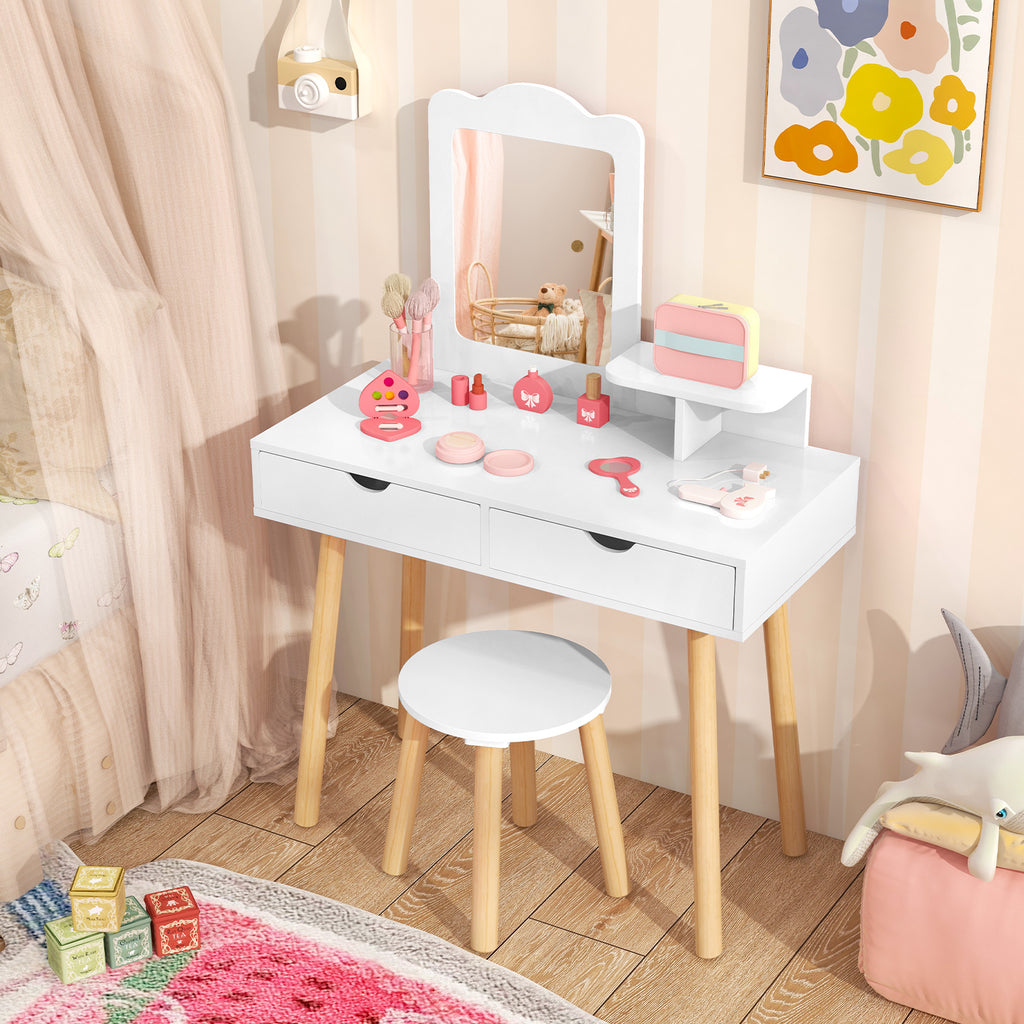 Kids Vanity Table and Chair Set with Mirror & 2 Storage Drawers - White, 3-7 Years