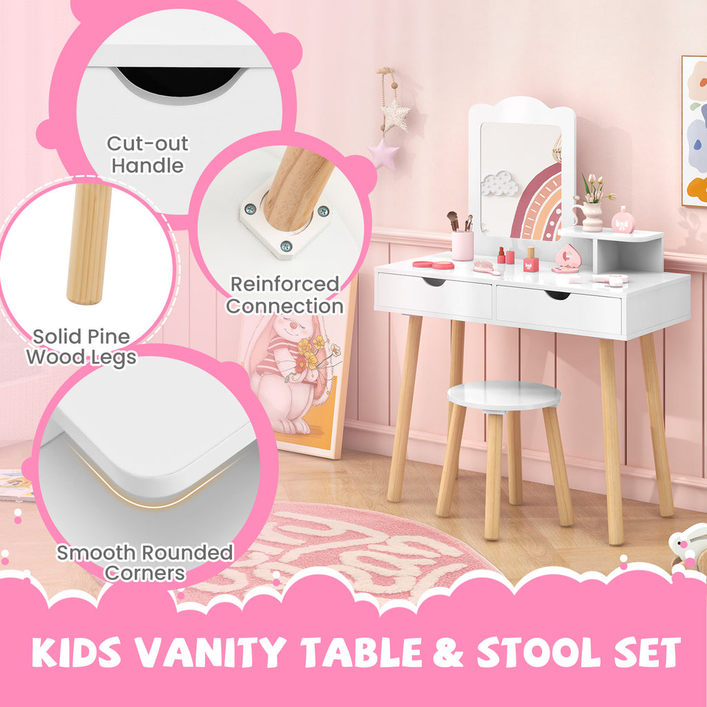 Kids Vanity Table and Chair Set with Mirror & 2 Storage Drawers - White, 3-7 Years