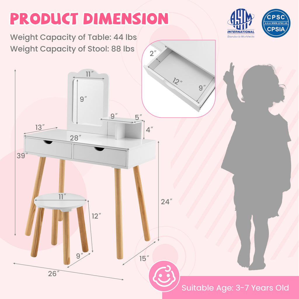 Kids Vanity Table and Chair Set with Mirror & 2 Storage Drawers - White, 3-7 Years