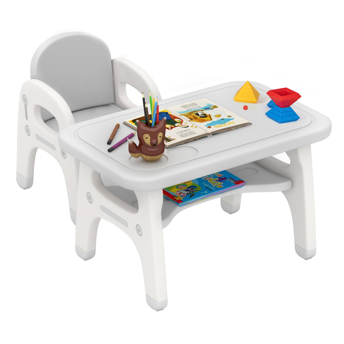 Kids Activity Table and Chair Set with Montessori Toys and Whiteboard - Gray, Tiltable