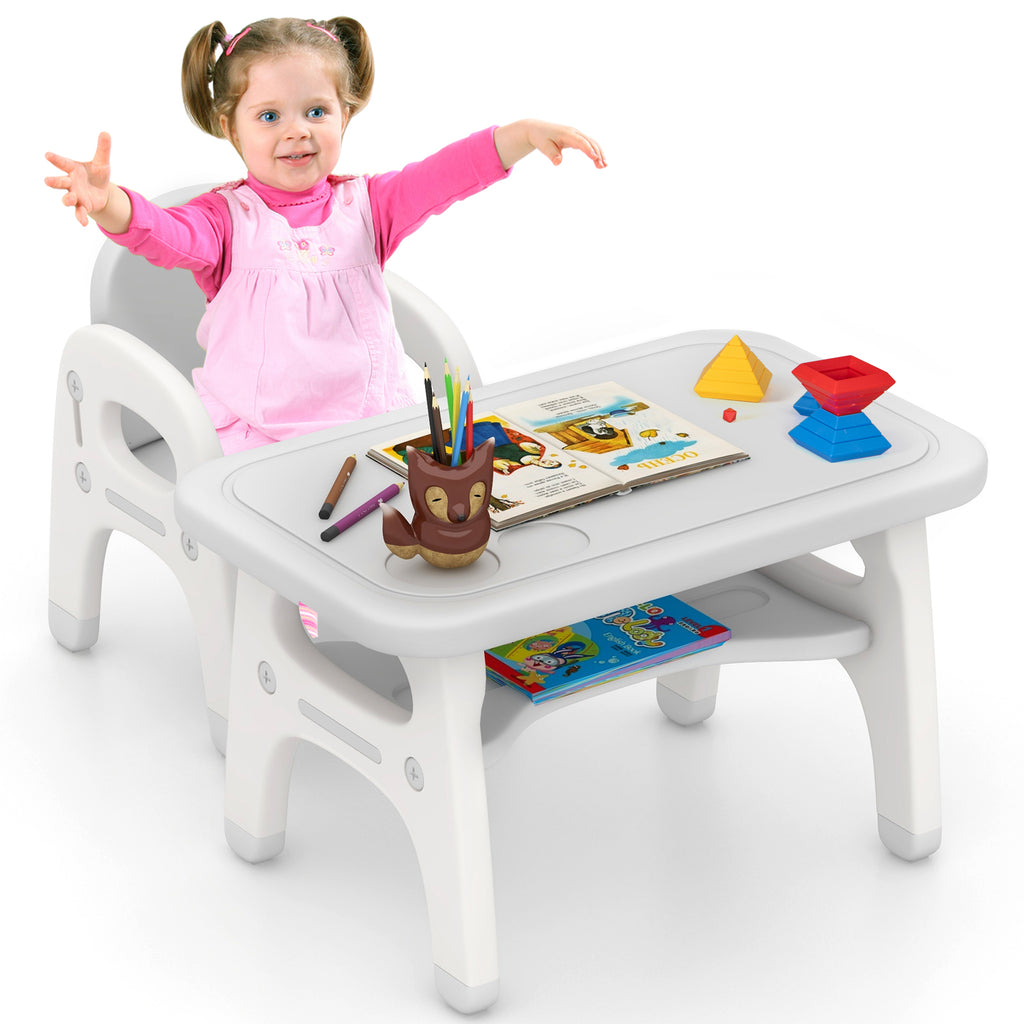 Kids Activity Table and Chair Set with Montessori Toys and Whiteboard - Gray, Tiltable