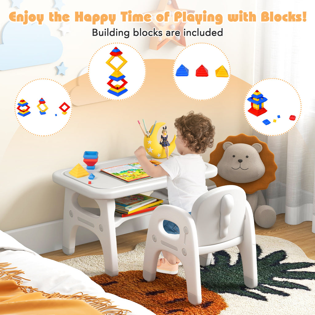 Kids Activity Table and Chair Set with Montessori Toys and Whiteboard - Gray, Tiltable