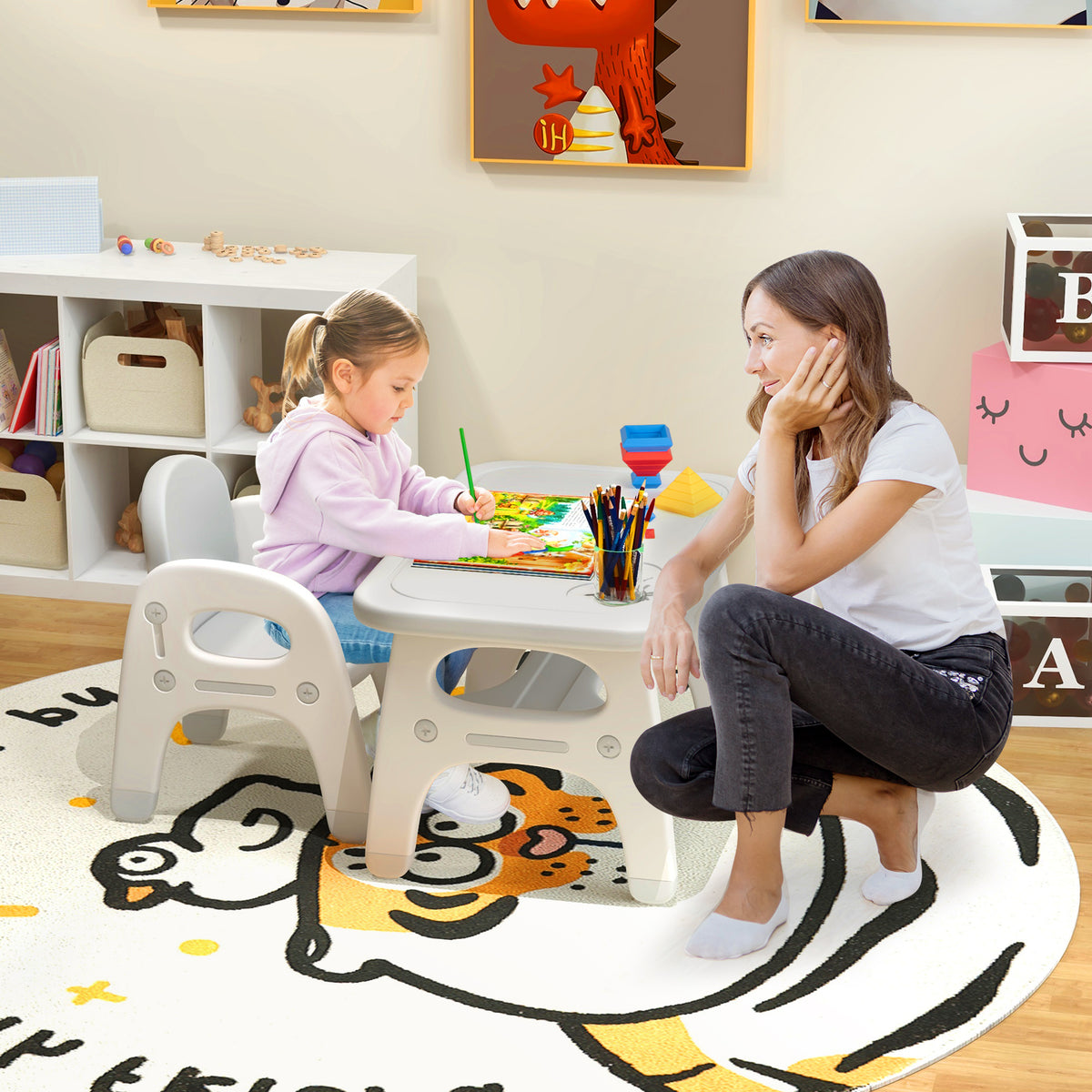 Kids Activity Table and Chair Set with Montessori Toys and Whiteboard - Gray, Tiltable