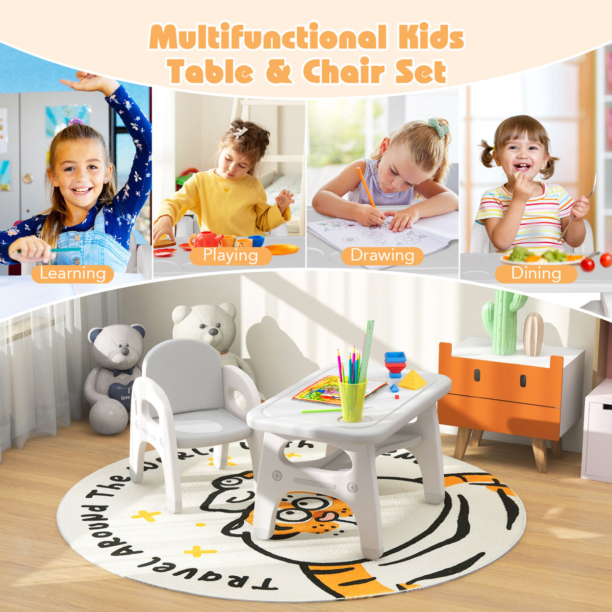 Kids Activity Table and Chair Set with Montessori Toys and Whiteboard - Gray, Tiltable